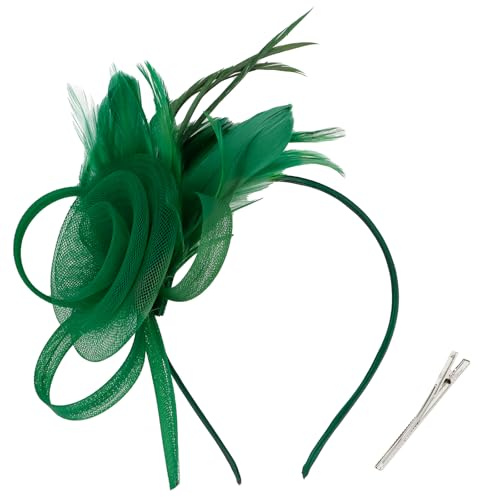 AMCAMI Fascinators Hats with Feather for Women 2025 Derby Hats Tea Party Hat with Headband and Clip Green
