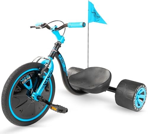 Drift-Dreirad für Kinder ab 5 Jahren – 16-Zoll-Vorderrad mit verstellbarem Sitz, Stahlrahmen, Slick-Drift-Hinterrädern und Sicherheitsfahne – Madd Gear – (Schwarz/Blau)