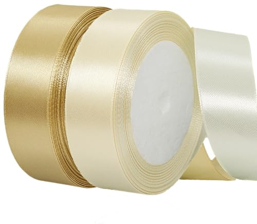 Lot de 2 rouleaux de ruban de satin de 20 mm de large - Beige et doré - Pour bouquets de fleurs, emballage cadeau, Noël, mariage et bricolage