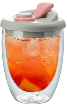 Spizummp Glass Coffee Mugs - 350ml Double-Layer Transparent Glass Cup with Silicone Lid, Insulated Travel Juice Milk Cup for Coffee, Tea, Juice, Milk, Latte, Dessert - Pink