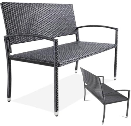 Clevich Gartenbank Rattan Wetterfest, 2 Sitzer Sitzbank, Terrassenbank mit Armlehnen, 320 kg Belastbar Balkon Bank, 122x62x90 cm Gartenmöbel für 2-3 Personen, für Innen- und Außenbereich, Schwarz, XL