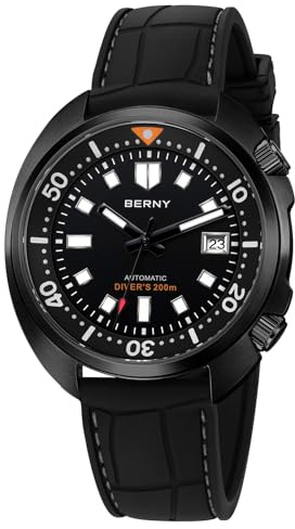 BERNY Schwarze Herren Automatik Taucheruhr, mechanische Armbanduhr | Miyota 8215 Mechanische Armbanduhr, superleuchtend, bidirektional drehbare innere Lünette, Datum