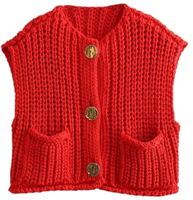Chaleco de Punto sin Mangas Crop Sweater Women Solid Loose Casual Vest Cable Knit(Red,S)