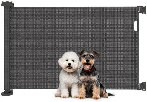 PawHut Barrera de Seguridad Retráctil para Perros Pequeños 0-136 cm Negro | Puerta Extensible, Interruptor de Cierre, Red de Seguridad, para Pasillos Escaleras Interiores y Exteriores