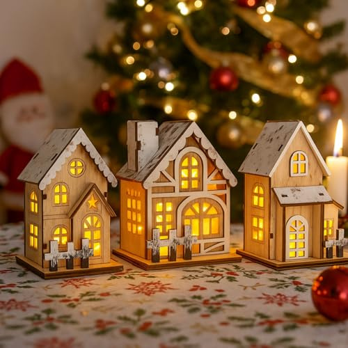 3 Stück Weihnachtsdorf mit Beleuchtung, Mini Weihnachten Wichtelhaus Holz | Weihnachtsdeko Holz Haus Weihnachtsdorf Häuser, Weihnachtshaus Beleuchtet, LED Holzhaus Deko, Weihnachtsdeko Tisch Winterdeko