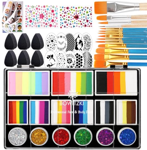 Bowitzki Split Cake Face Paint Kit With Glittle 18 Colors Professional Body Painting Set Stencil One Stroke Non Toxic Rainbow Flora Dolphin Unicorn Flame Makeup Christmas Easter - Classic Color