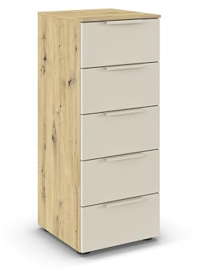 Rauch Möbel Flipp, Kommode, Farbe Beige/Eiche Artisan, Breite 40 cm | Sideboard, 5 Schubladen, Soft-Close-Funktion, für Schlafzimmer, Gästezimmer, Wohnzimmer, Garderobe, Flur
