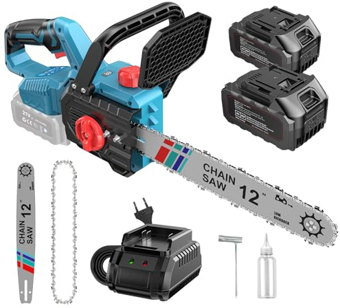 Motosega a Batteria 12 Brushless 1000W, Motosega Elettrica con Lubrificazione Automatica e Tensionamento Rapido Senza Utensili,Compatibile con Batteria Makita 18V LXT, 2x4000mAh per Potatura e Taglio