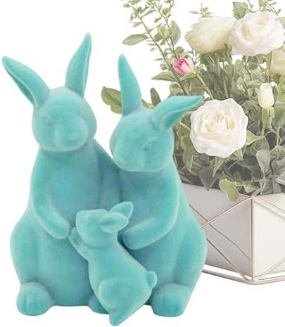 Beflockte Hasenfigur – niedliche Hasenfamilie Osterfiguren, beflockter, dekorative Statuen – für Ihr Zuhause, Esstisch, Schreibtisch, Kaminregal, Eingang, Party, Bauernhaus