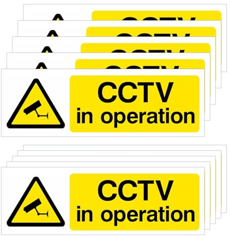 10 Pcs CCTV in Peration Sign, CCTV Stickers for Windows, Weatherproof CCTV Sticker & Signage, CCTV Windows Sticker Inside for Indoor & Outdoor High Visibility Camera, Security 15x5cm (Yellow)