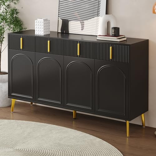 Muskel Skandinavisch Sideboard mit Stauraum, 140cm kommoden mit Goldenen Beinen, mit Türen & Schubladen, Modernes Design Buffetschrank für Wohnzimmer Esszimmer Flur (Schwarz, 140cm)