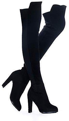 Shoe'N Tale Stivali da donna in finta pelle scamosciata con tacco grosso elasticizzato sopra il ginocchio