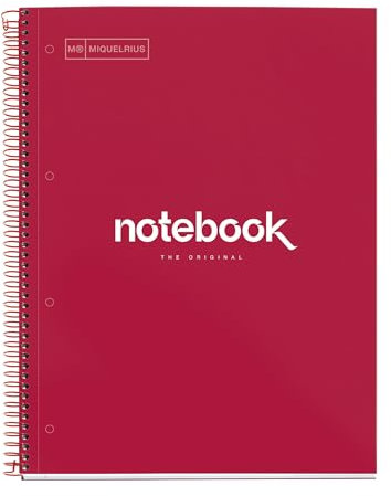 Miquelrius - Notizbuch A4 Notebook, 1 farbiger Streifen, 80 Blatt mit raster 5 x 5 mm, Papier 90 g/m² mikroperforiert mit 4 Bohrungen für 4 Ringe, Einband aus Karton, Farbe Rot