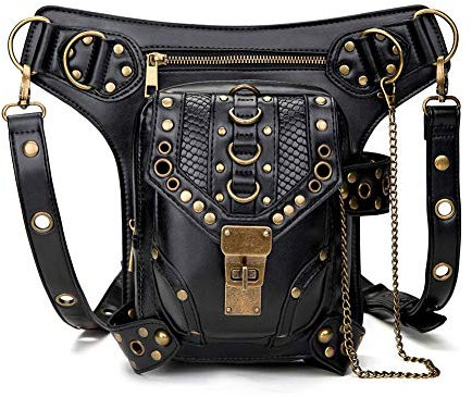 Steampunk Hüfttasche Bauchtasche Oberschenkel Holster Geldbörse Tasche Retro Mode Gothic Casual Leder Schulter Crossbody Messenger Bags Punk Rock Reise Wandern Sport Kette Geldbörse Tasche für Damen