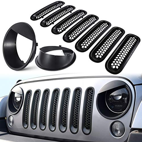 E-cowlboy Inserti in rete per griglia anteriore e copertura faro per Jeep Wrangler JK JKU 2007~2017 【Versione a clip nera opaca aggiornata】