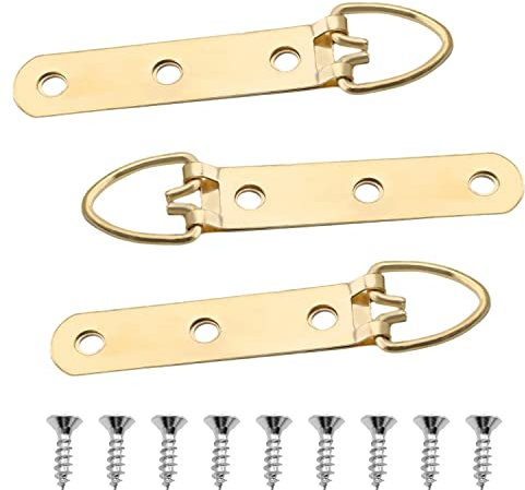 MroMax 50 Stück D-Ring-Bilderaufhänger, 90 x 15 mm, goldfarben, strapazierfähig, 3 Löcher, zum Aufhängen von Bildern, Bildern, Bildern, Bildern, Bilderrahmenhaken, Haken