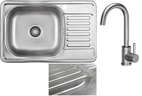 VBChome Einbauspüle 66x42 cm rechts mit Abtropffläche aus Edelstahl satin Inox mit Armatur Spüle eckig für Küche Camping mit Ablaufgarnitur Siphon Wasserhahn