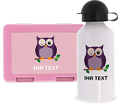 stempel-fabrik Lunchbox Pink und Trinkflasche mit Design - Eule - Personalisiertes Geschenk - Set - Brotzeitbox - Brotbox und Wasserflasche für Kinder - Einschulungsgeschenke - Kindergarten