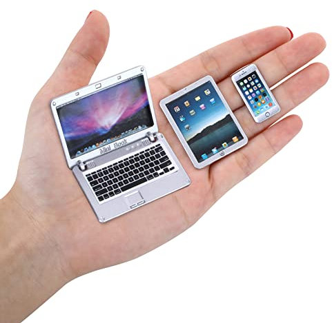 cobee 1:12 Metal Simulation Laptop Tablet Smart Phone Mini 3 Pcs/Set- Dollhouse Miniatures Computer Scene Simulation Furniture Accessories Dolls House Furniture Doll Accessories Play Set (Silver-3Pcs)