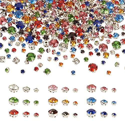 PandaHall 918pcs Crystal Sew on Rhinestone Flat Round 3 Sizes Sewing Claw Crystals Rhinestones Flatback Gemstones with Silver Prong Setting for Dress Clothes Shoes Bag Decorations