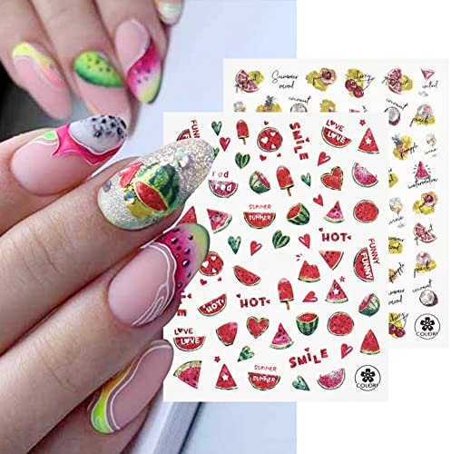 Nagelaufkleber Abziehbilder, Sommer Nail Art Stickers Selbstklebend Aufkleber Obst Blume DIY Nageldesign Dekoration Fingernägel Tattoos für Frauen Kinder Hawaii Sommerparty Nagelstudio,Wassermelone