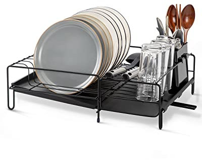 TOPWE Expandable Dish Rack, Stainless Steel Rustproof Sink Dish Drainer with Removable Drip Tray, Utensil Holder,Draining Rack for Kitchen Countertop,Black