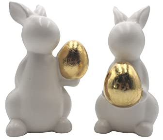 Dekohelden24 Hasen in weiß mit goldenem Ei im 2er Set, Keramik, Osterdeko, Osterhase, Größe: L/B/H 7 x 8 x 14 cm