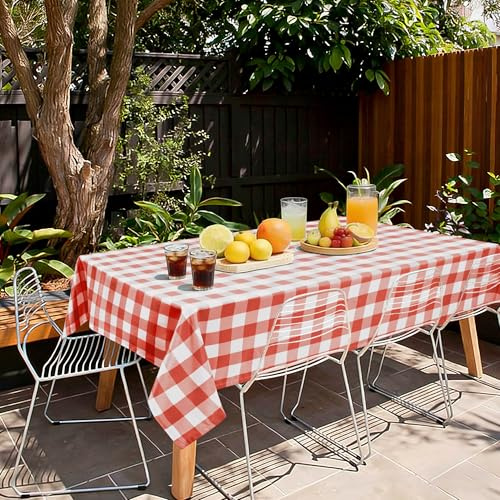 Hiasan Karierte Tischdecke Outdoor wetterfest aus Polyester, abwaschbar schmutzabweisend wasserabweisend knitterfrei Tischtuch für bierzeltgarnitur Esszimmer Party Garten, 140x240cm Orange und Weiß
