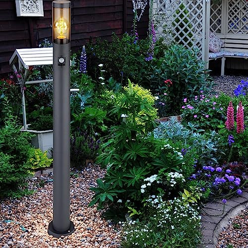 GLOBO Wegeleuchte Bewegungsmelder Pollerleuchte außen Gartenlampen anthrazit IP44, Standleuchte Terrasse Balkon, Edelstahl rauchfarben, 1x E27 Fassung, DxH 12,7x110cm