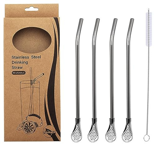 KINTEGOOD Stainless Steel Spoon Straw 4 Pack Reusable Filter