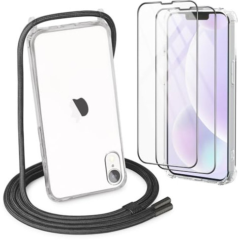 DiDaDi Handykette für iPhone XR Hülle mit Band 1*Transparent Schutzhülle mit 2*Schutzfolie, Abnehmbar Necklace Stylische Handyhülle zum Umhängen Kordel Case (Schwarz)
