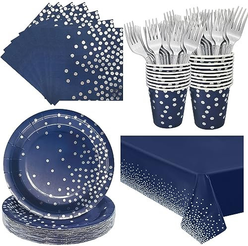 Serve 25 Guests Navy Blue Plates and Napkins Party Supplies,Blue and Silver Birthday Plates Napkins Cups Tablecloth Disposable