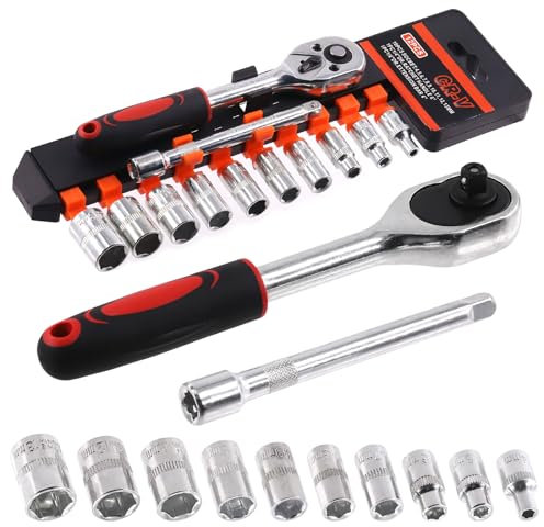 Keadic 12Pcs 1/4 inch Drive Socket Ratchet Wrench Set, 4-13mm Metric Drive Bit Sockets and Quick Released Ratchet Handle and Extension Bar for Auto Repairing and Household