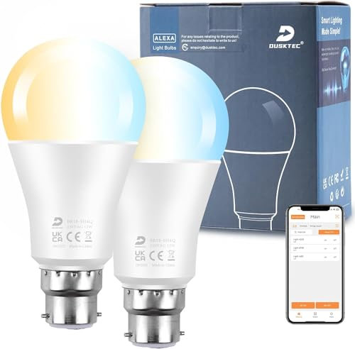 DUSKTEC Alexa Light Bulbs 2 Pack, 12W (130W Equivalent) Bayonet Light Bulbs CCT Dimmable, Bluetooth App Control 1300LM B22 Base LED Bulbs, A60 Energy Saving Smart Light Bulb for Chandelier Bedroom