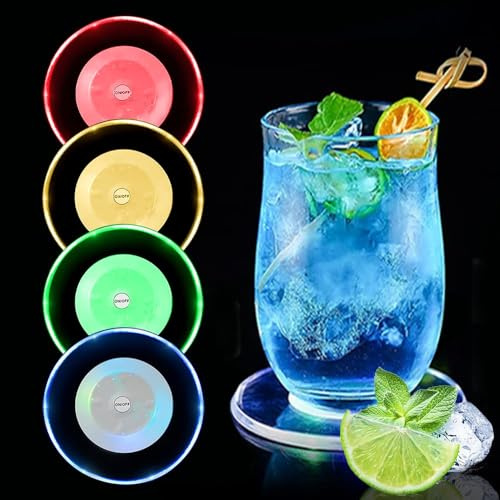 yotutun Bunt LED Untersetzer, Acryl Rund wasserdichte Leuchtende Untersetzer mit 3 Lichtmodi ON/Off Taste Gläser Untersetzer Set Getränke Untersetzer für Partys Hochzeiten Bar Weihnachten (4 Stück)