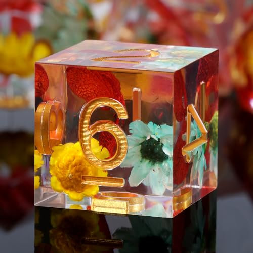 DNDND DND-Würfel aus Kunstharz, handgefertigt, Blumen, scharfe Kanten, mit Geschenketui für D&D-Dungeons und Drachen-Spiele (rote und gelbe Blumen), Blume Rot und Gelb