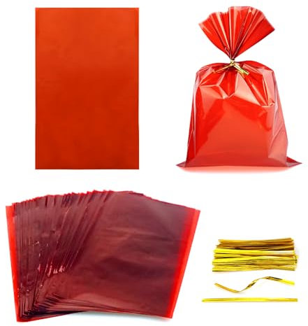 FAZHBARY Zellophantüten, 15,2 x 22,9 cm, Rot, 100 Stück, farbige Zellophantüten für Süßigkeiten, Kekse, Verpackungen