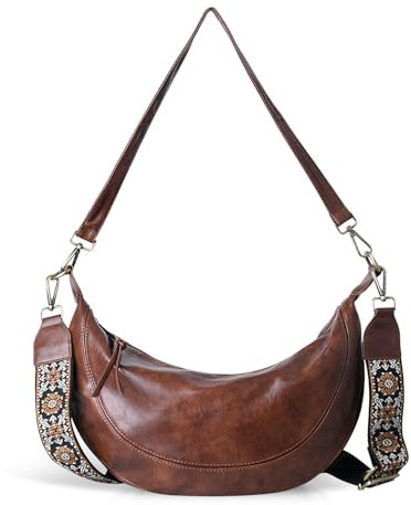 HUA ANGEL Umhängetasche Damen Hobo Tasche PU Leder Große Halbmond Tasche Crossbody Mit Breitem Band Vintage Schultertasche Damen Crossbag Gross Arbeit Shopper