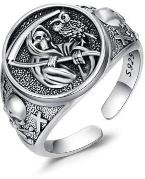 Santa Muerte Silber Ring mit Eule und Sensenmann - Totenkopf Amulett Schmuck für Männer und Frauen