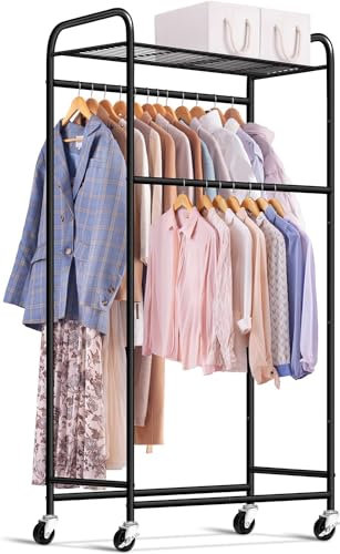 MISSLO Heavy Duty Clothes Rail, 200LBS Double Hanging Rails for Clothes, Rolling Garment Rack on Wheels with Top Shelves Storage, Wardrobe Metal Clothes Rack for Bedroom Clothing (Black)