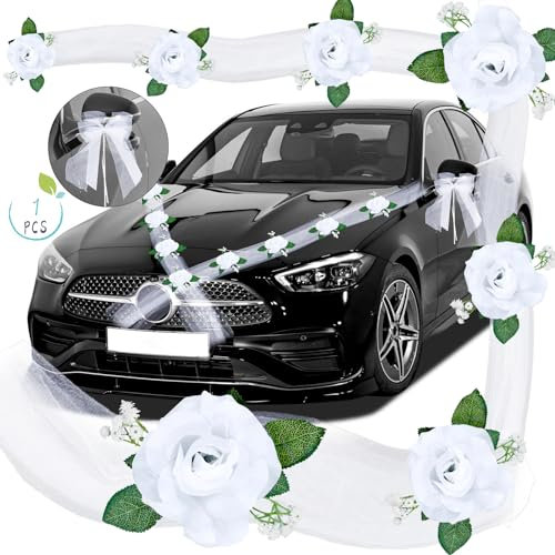 Décoration de Voiture Mariage, Kit de Décoration Voiture Mariage, 9 Roses Artificielles avec Ventouses, 160cm Tulle Ruban Blanc et 2Pcs Noeud Blanc, Fleur de Mariée, Décoration Banquet de Mariage