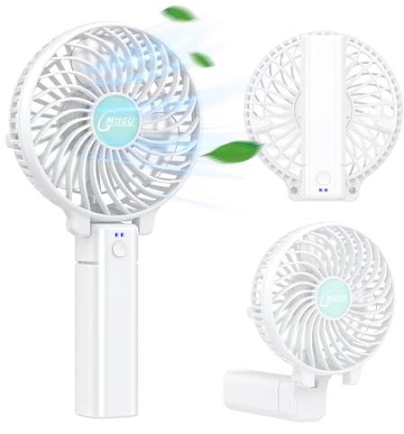 Gmiigu Mini ventilador de mano USB, pequeño ventilador de batería con tres velocidades, ventilador USB, portátil, recargable, plegable, para viajes, oficina, hogar, exterior (blanco)