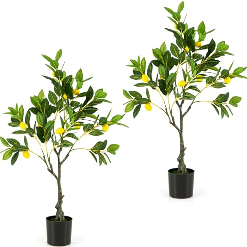 TANGZON Artificial Lemon Tree, 80cm/120cm/150cm Fake Lemon Plants with 9/18/27 Lifelike Lemons & Cement Pot, Indoor Outdoor Potted Decorative Faux Tree for Home Office Living Room Porch (2, 80cm)