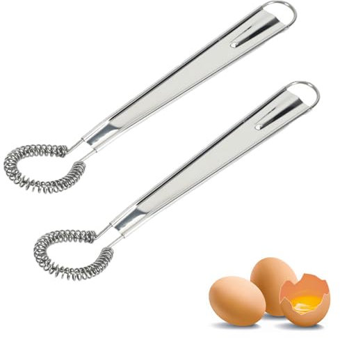 2 Pcs Stainless Steel Manual Whisk Egg Beater Hand Whisker Spring Coil Wire Whisk Blender Mini Whisk Cream Flat Mixer Spring Coil Kitchen Gadget for Cooking,Baking,Whisking,Blending, Beating