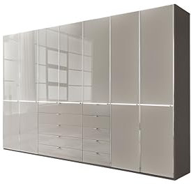 WIEMANN Drehtürenschrank mit 10 Schubkästen hochwertiger Kleiderschrank Schlafzimmerschrank 350cm breit, mit Schubladen, Glas Kieselgrau, Höhe 236cm, Shanghai