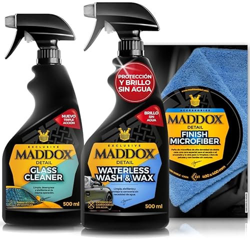 Maddox Detail - Pack de Limpieza Integral | Limpieza y Protección Completa | Alta Eficiencia y Fácil Aplicación | Waterless Wash & Wax, Glass Cleaner y Finish Microfiber