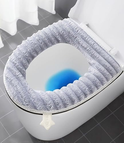 2 Pack Thicker Soft Toilet Seat Cover Pads, Toilet Seat Cushion Covers for Bathroom Washable and Warmer Toilet Lid Seat Cover with Zipper and Handle Fits Most Size Toilet Lids (Grey)