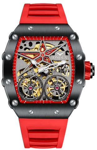 DAXIAOYU Fashion Tonneau Automatikuhr für Herren, Vintage, Doppel-Tourbillon, ausgehöhlte Uhren, wasserdicht, leuchtend, sportlich, mechanische Armbanduhr, rot, Luxuriös