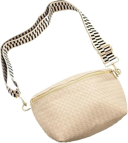 Moderne schicke gewebte Umhängetasche für Damen – Rory Geldbörse aus veganem Leder, verstellbarer Riemen, leicht – gepresstes Gewebe, Cream, 13 L x 3 W x 7.5 H, Gürteltasche