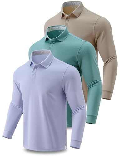3 Pack: Dry Fit Long Sleeve Polo Shirts for Men, Athletic Collared Golf T-Shirts Performance Tops UPF 50+